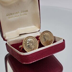 22CT GOLD Plated Cufflinks Pair Farthering Genuine Coin Jewlery UK 1943/45